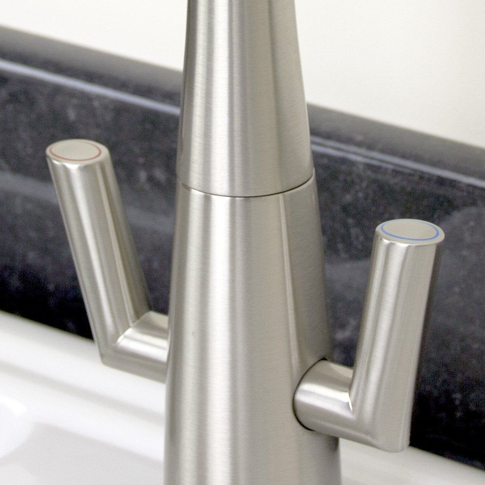 Astini Cosmopolitan Twin Lever Kitchen Sink Mixer Tap with Brushed Steel and Chrome Finish