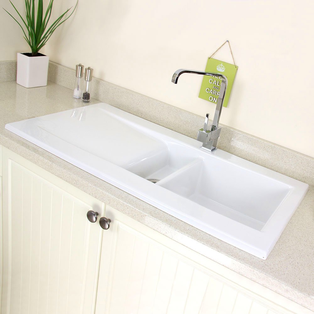 Astini Desire 150 1.5 Bowl Gloss White Ceramic Kitchen Sink, Waste & 5E Tap
