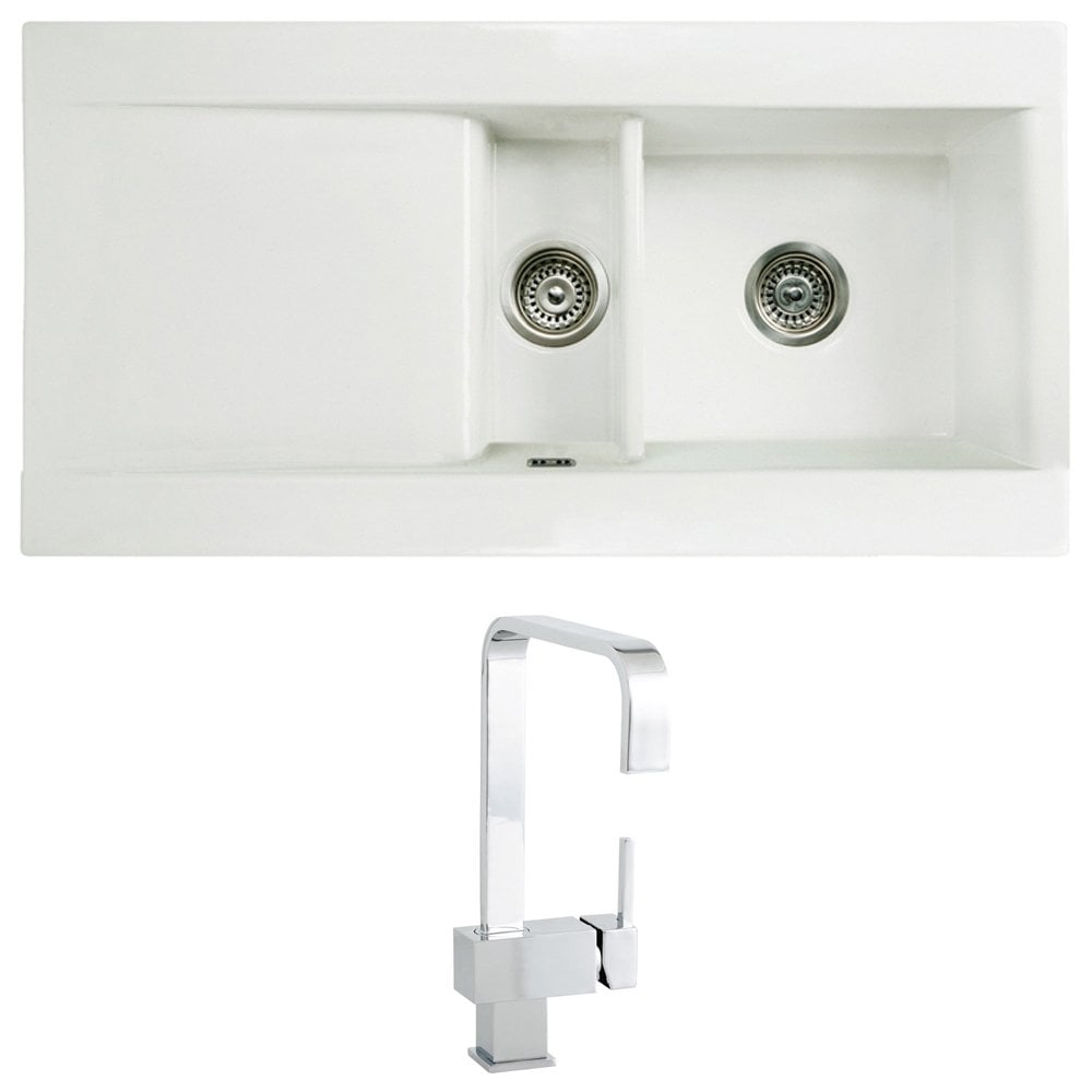 Astini Desire 150 1.5 Bowl Gloss White Ceramic Kitchen Sink, Waste & 5E Tap