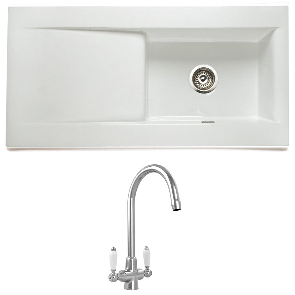Astini Desire 100 1 Bowl White Ceramic Kitchen Sink with Waste & Colonial Tap