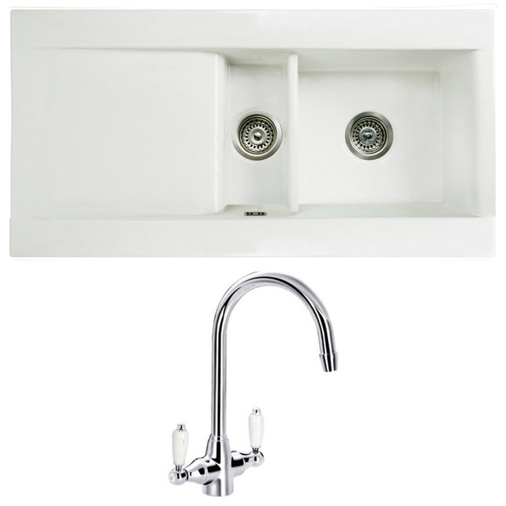 Astini Desire 1.5 Bowl White Ceramic Kitchen Sink with Waste and Colonial Tap