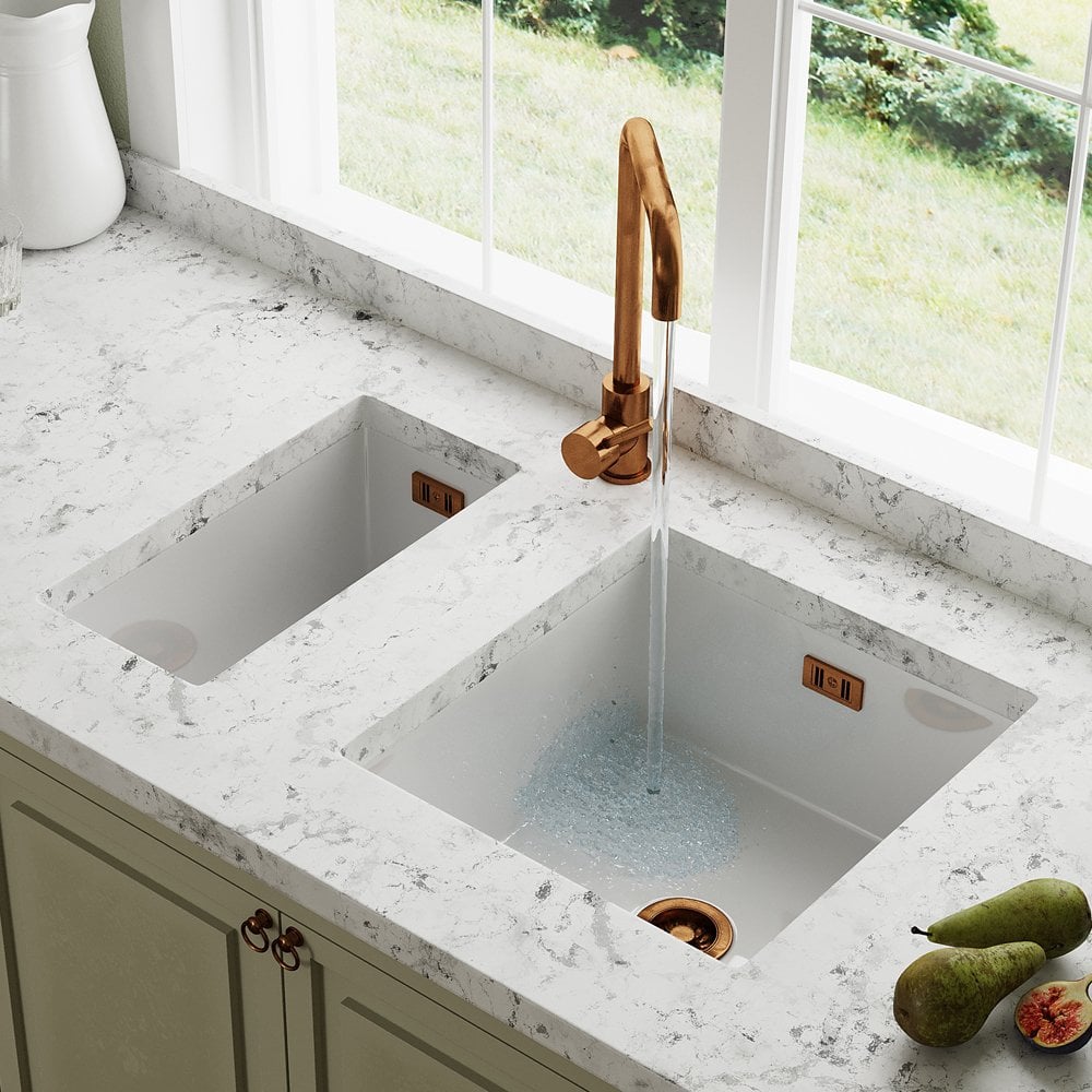 Astini Hampton 150 1.5 Bowl White Ceramic Undermount Kitchen Sink with Waste