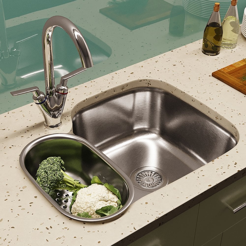 Astini Renzo 1.5 Bowl Brushed Stainless Steel Undermount Kitchen, Sink Waste & Colander LHSB