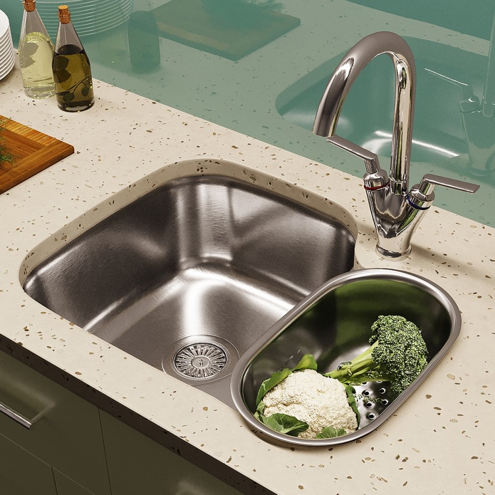 Astini Renzo 1.5 Bowl Brushed Stainless Steel Undermount Kitchen, Sink Waste & Colander RHSB
