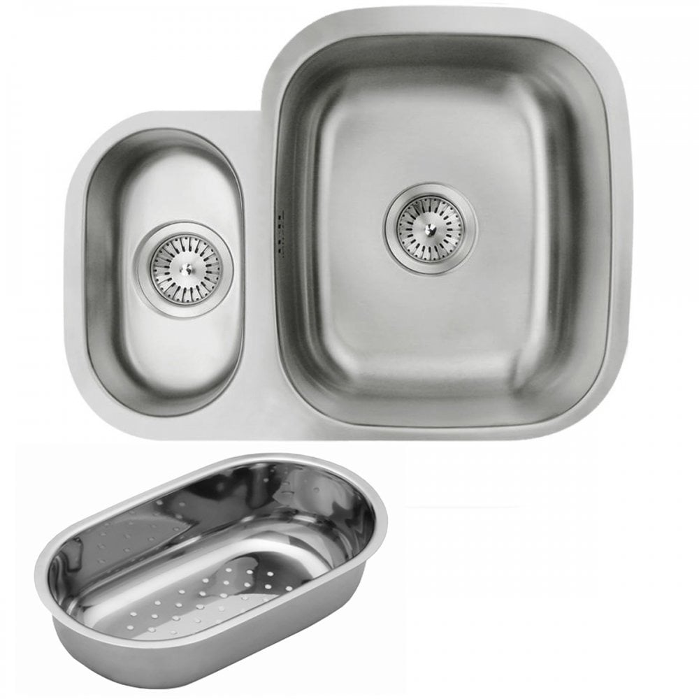 Astini Renzo 1.5 Bowl Brushed Stainless Steel Undermount Kitchen, Sink Waste & Colander LHSB