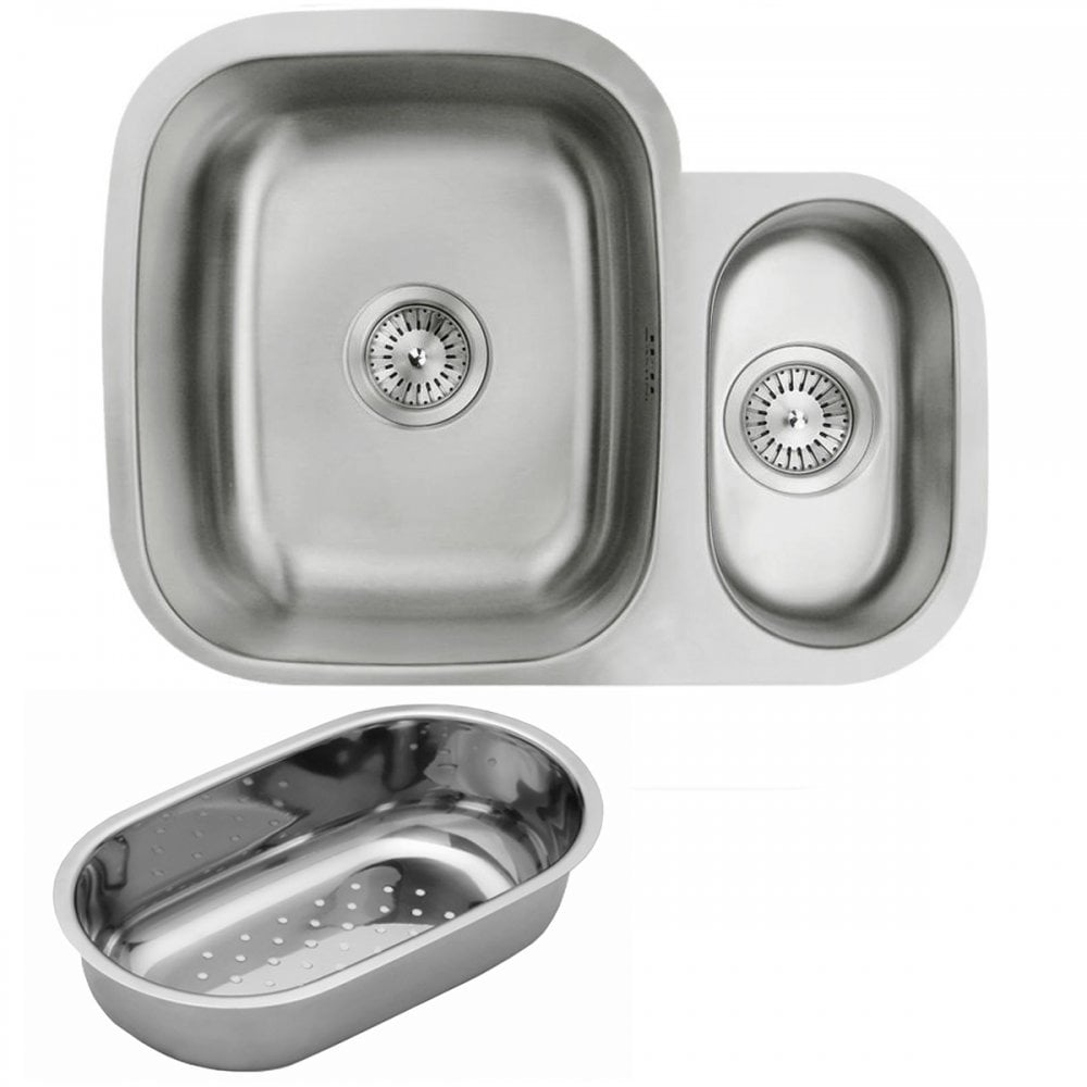 Astini Renzo 1.5 Bowl Brushed Stainless Steel Undermount Kitchen, Sink Waste & Colander RHSB
