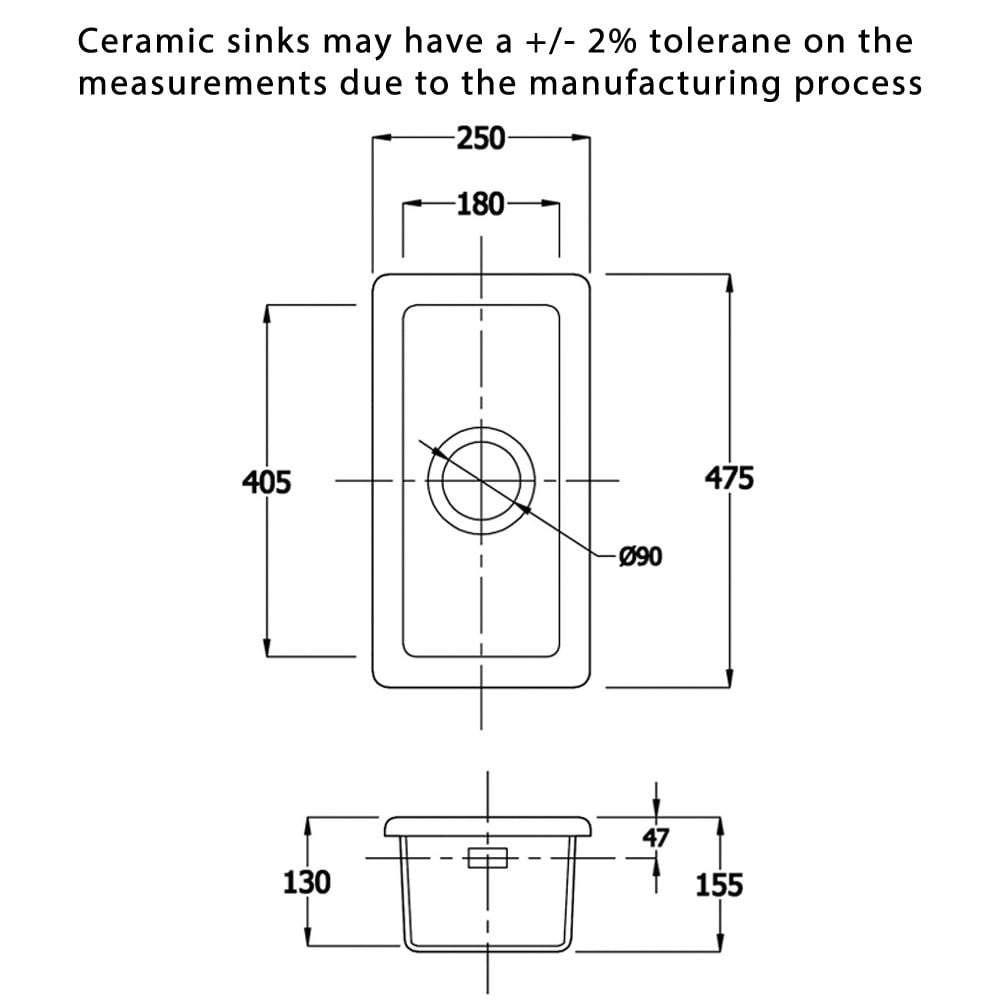 Astini Hampton 50 0.5 Bowl White Ceramic Undermount Kitchen Sink with Waste