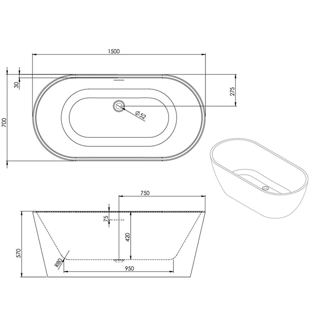 Astini Indigo Double Ended Freestanding 1500x700mm Bath Tub & Waste