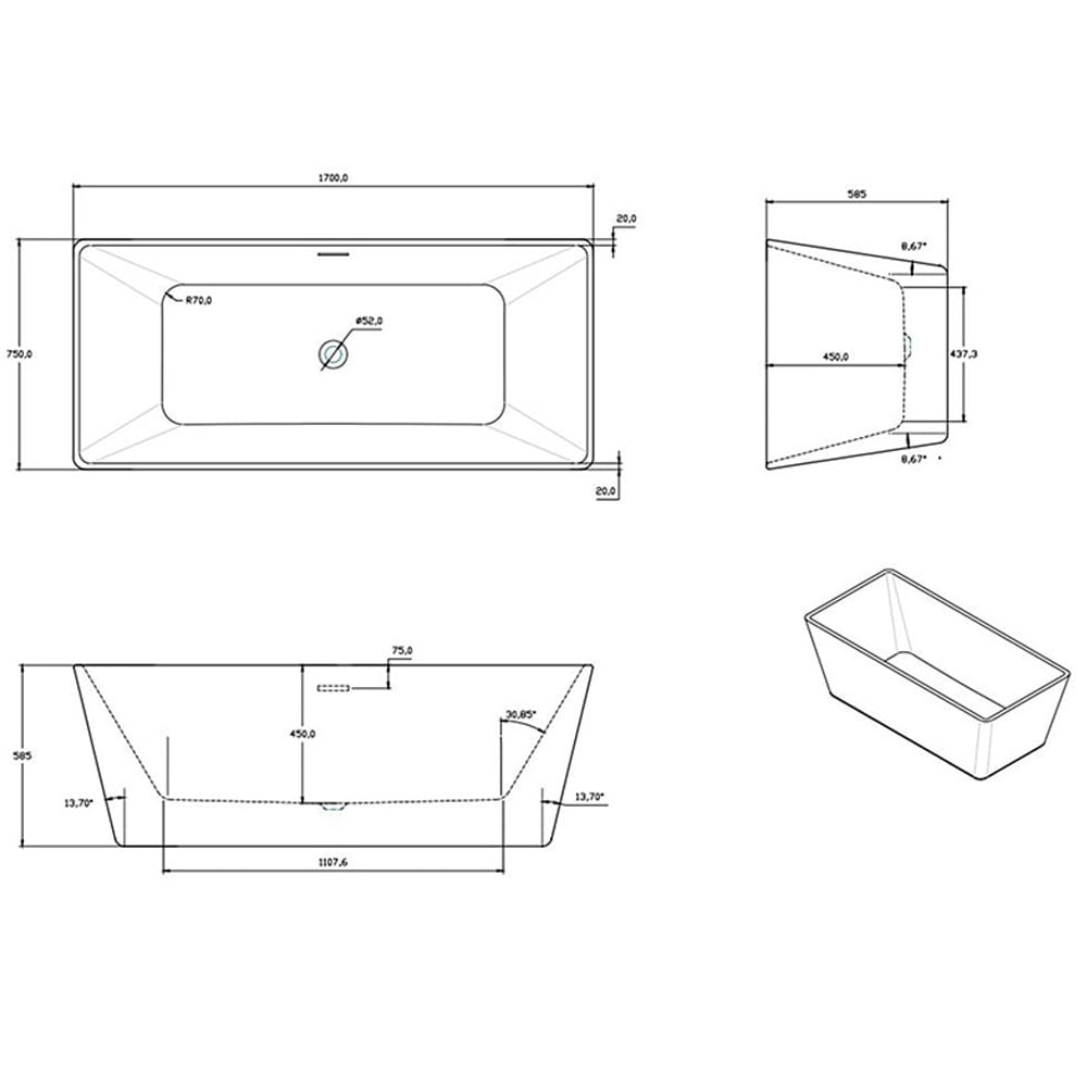 Astini Ingot Double Ended Freestanding 1700x750mm Bath Tub & Waste