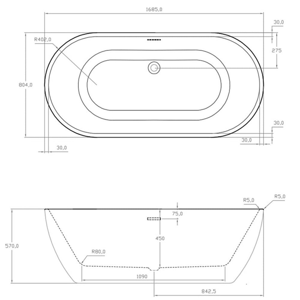 Astini Sphera Double Ended Freestanding 1685x805mm Bath Tub & Waste