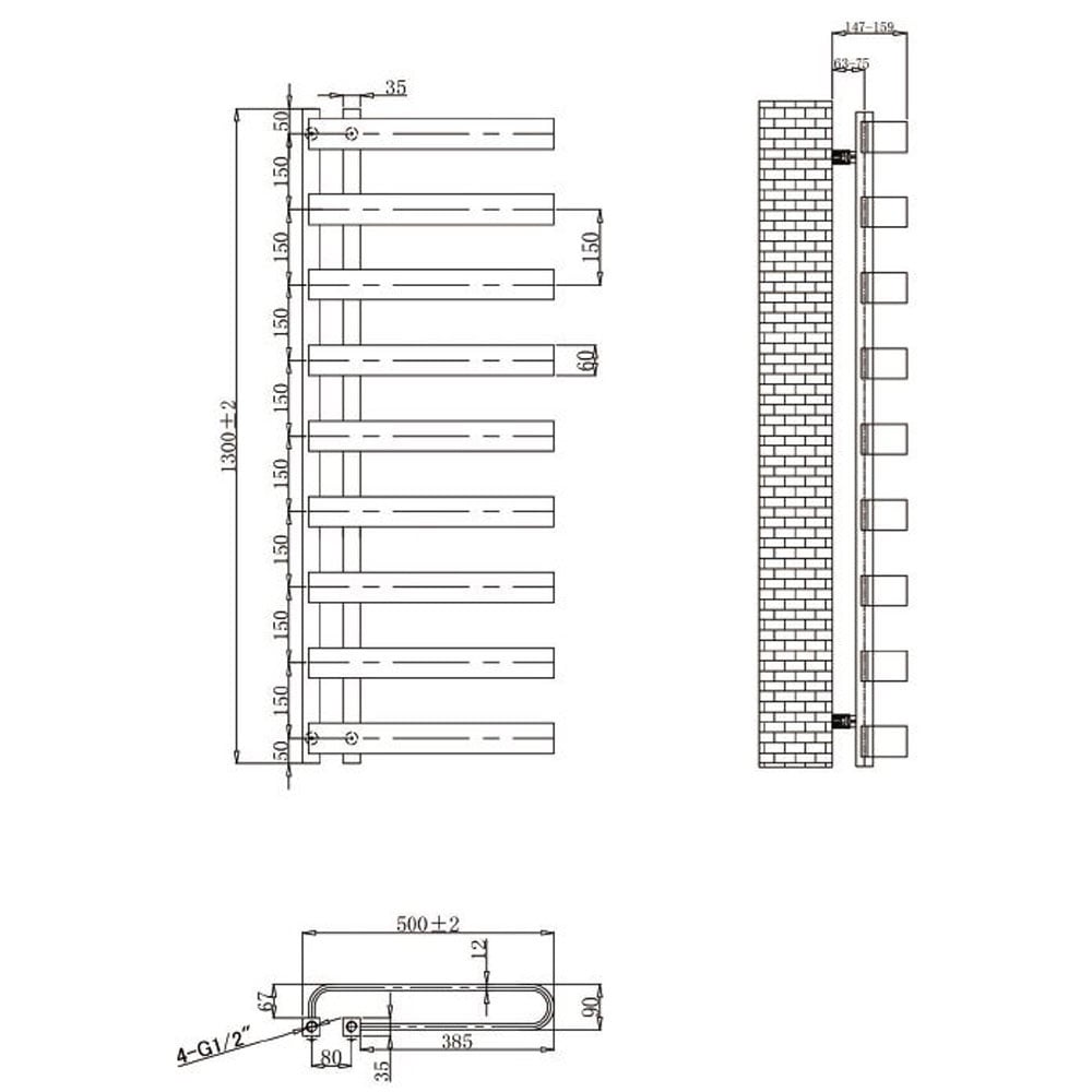 Astini Lyttelton Offset 800x1200mm Grey 750W Designer Heated Towel Rail TIS2140