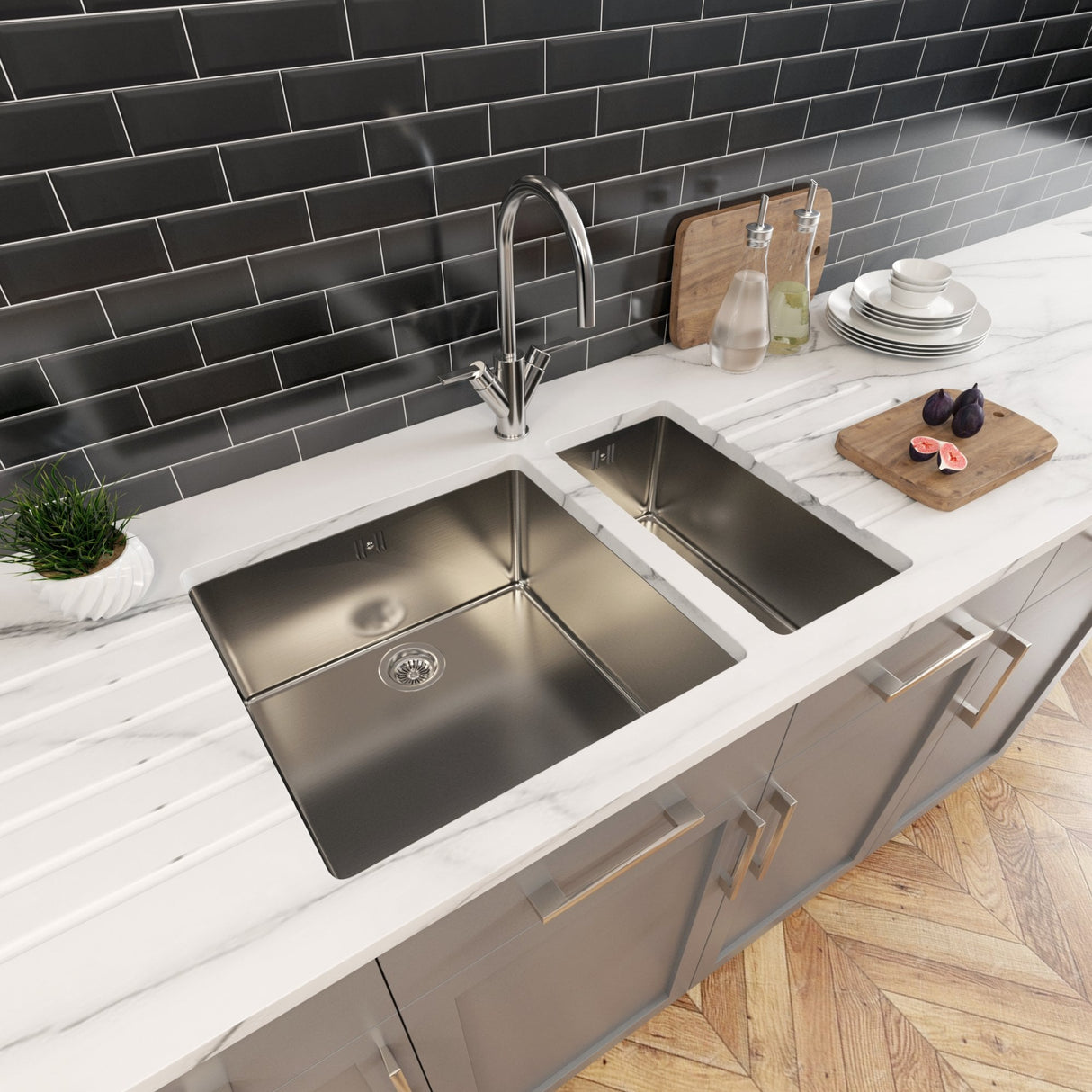 Astini Serena 1.5 Bowl Stainless Steel Undermount Kitchen Sink & Waste 4020+4040