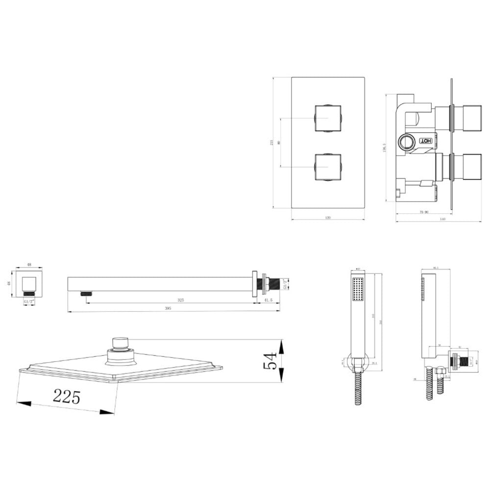 Astini Chrome Square Concealed Thermostatic Shower Valve, Head & Wall Arm TIS0010
