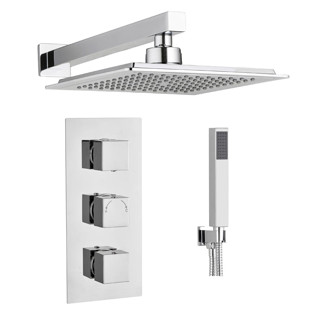 Astini Chrome Square Concealed Thermostatic Shower Valve, Head & Wall Arm