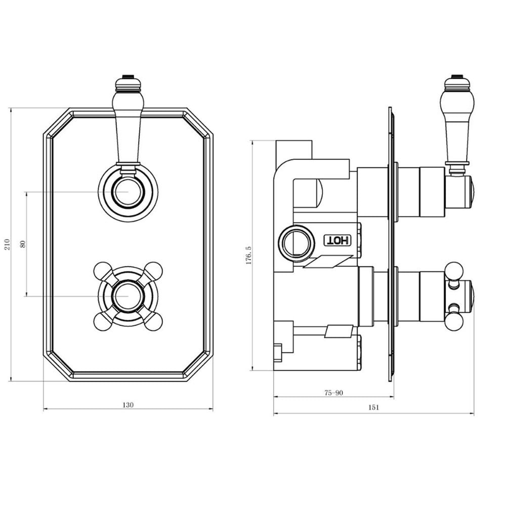 Astini Tenby Chrome Traditional Concealed 2 Handle 1 Way Thermostatic Valve