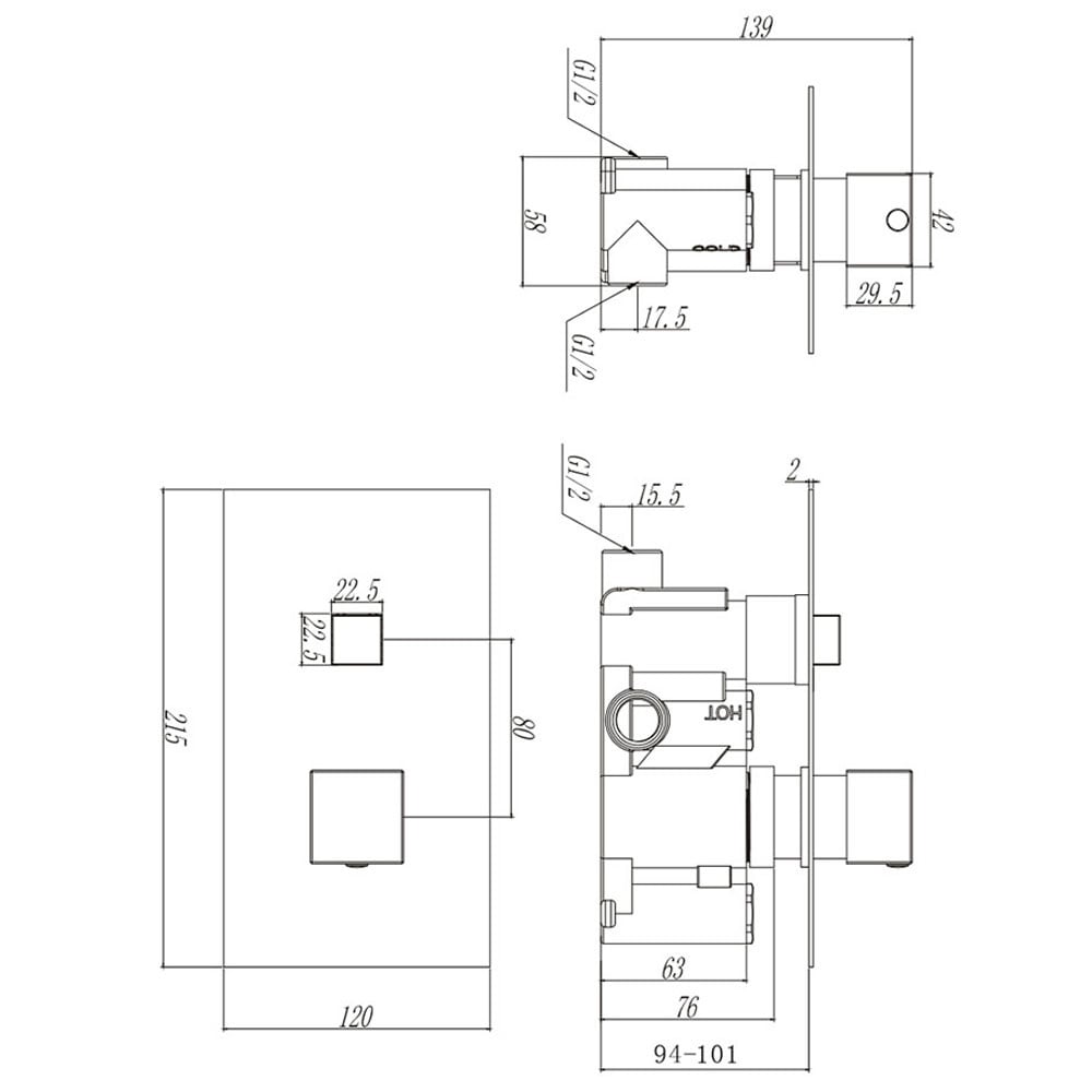 Astini Chrome Square Thermostatic Concealed 1 Outlet Push Button Shower Valve