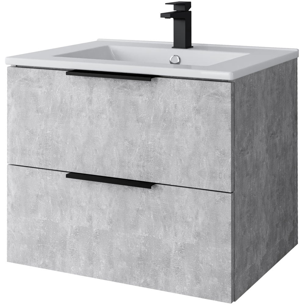 Astini Sofia Concrete 2 Drawer Wall Hung 590mm Vanity & Basin Black Handles