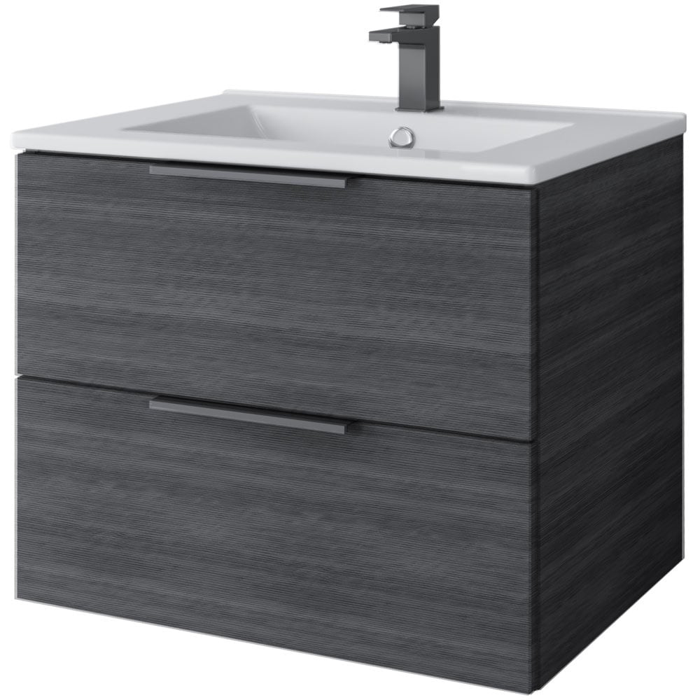 Astini Sofia Senca Grey 2 Drawer Wall Hung 590mm Vanity & Basin Black Handles