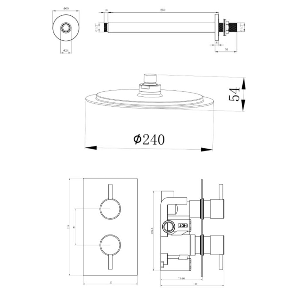 Astini Chrome Round Concealed Thermostatic Shower Valve, Head & Ceiling Arm TIS0009C