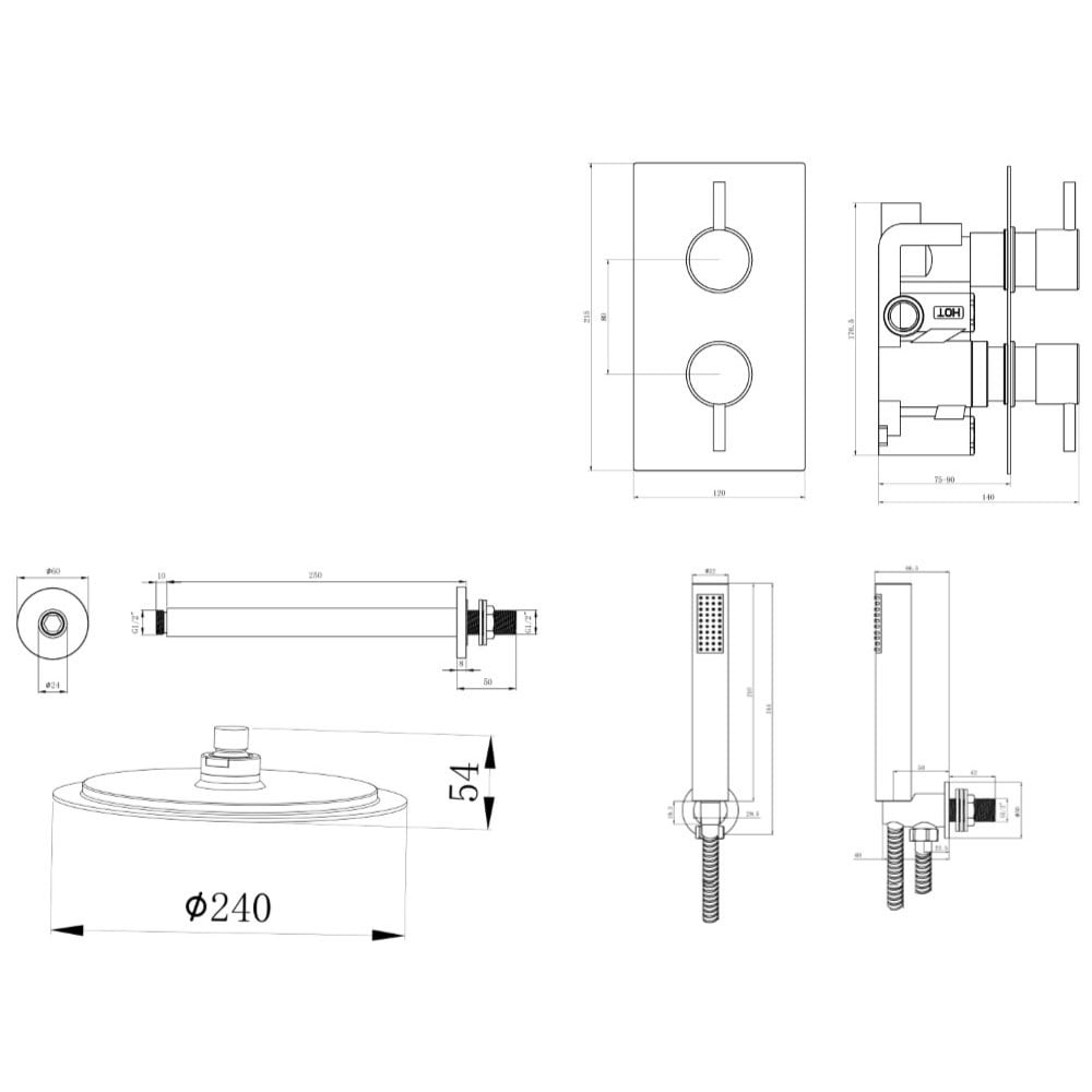 Astini Chrome Round Concealed Thermostatic Shower Valve, Head & Ceiling Arm TIS0011C