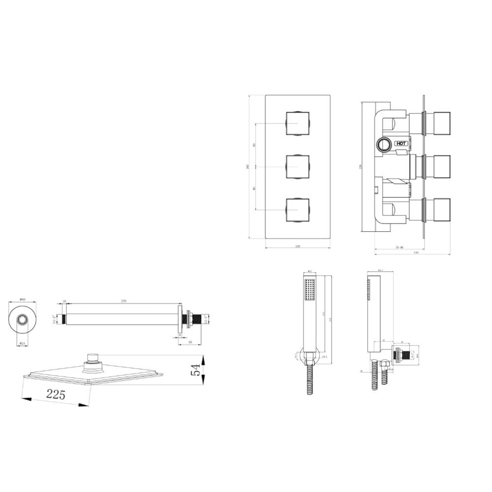 Astini Chrome Square Concealed Thermostatic Shower Valve, Head & Ceiling Arm