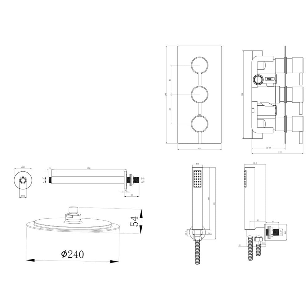 Astini Chrome Round Concealed Thermostatic Shower Valve, Head & Ceiling Arm