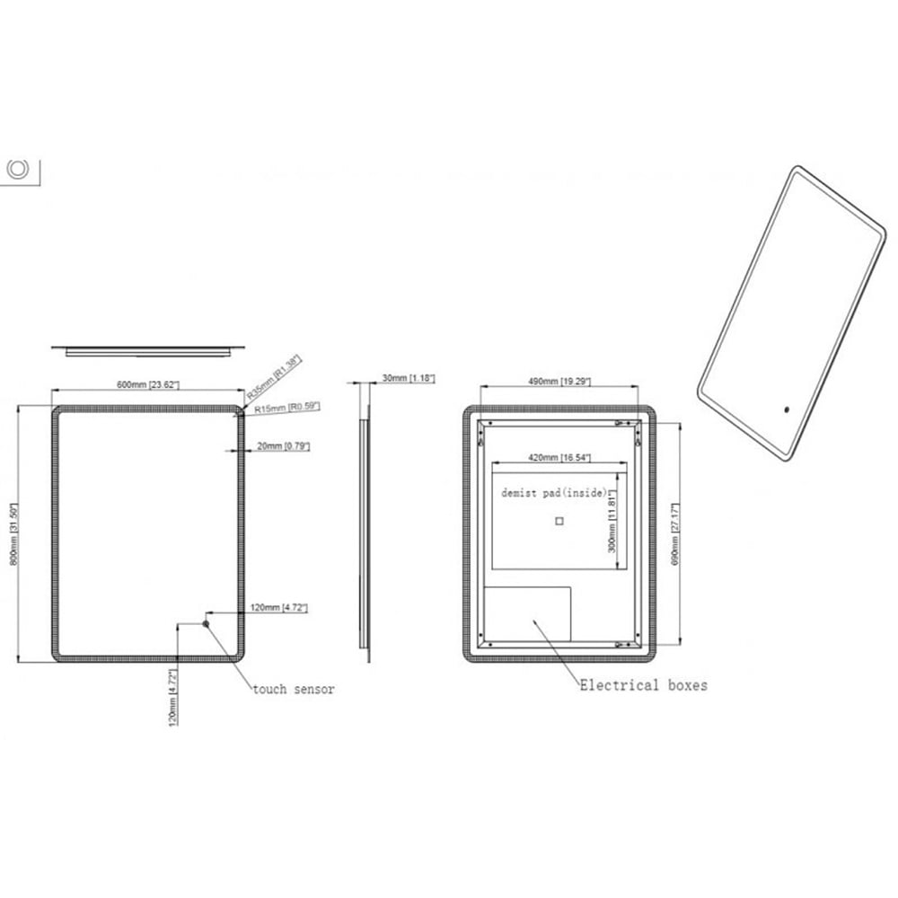 Astini Angus Slimline Square LED Touch Mirror 600x800mm