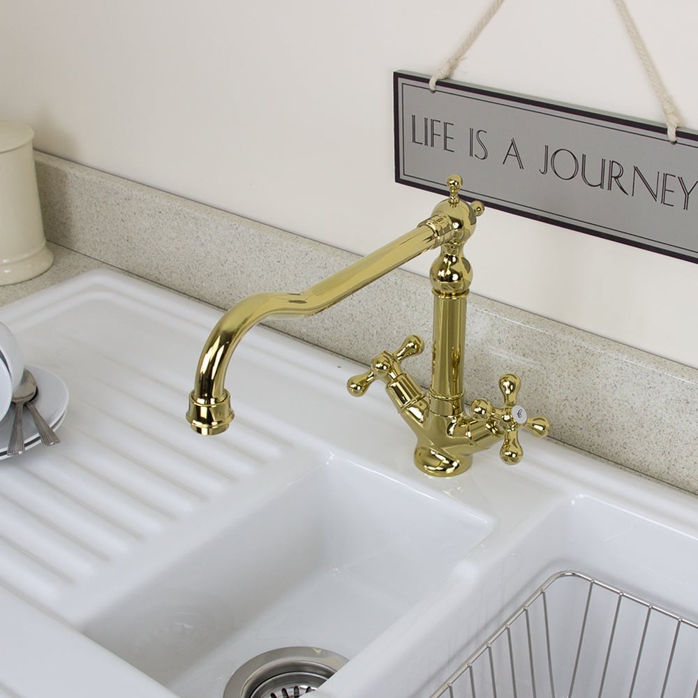 Astini Traditional English Gold Twin Handle Kitchen Sink Mixer Tap 25441G
