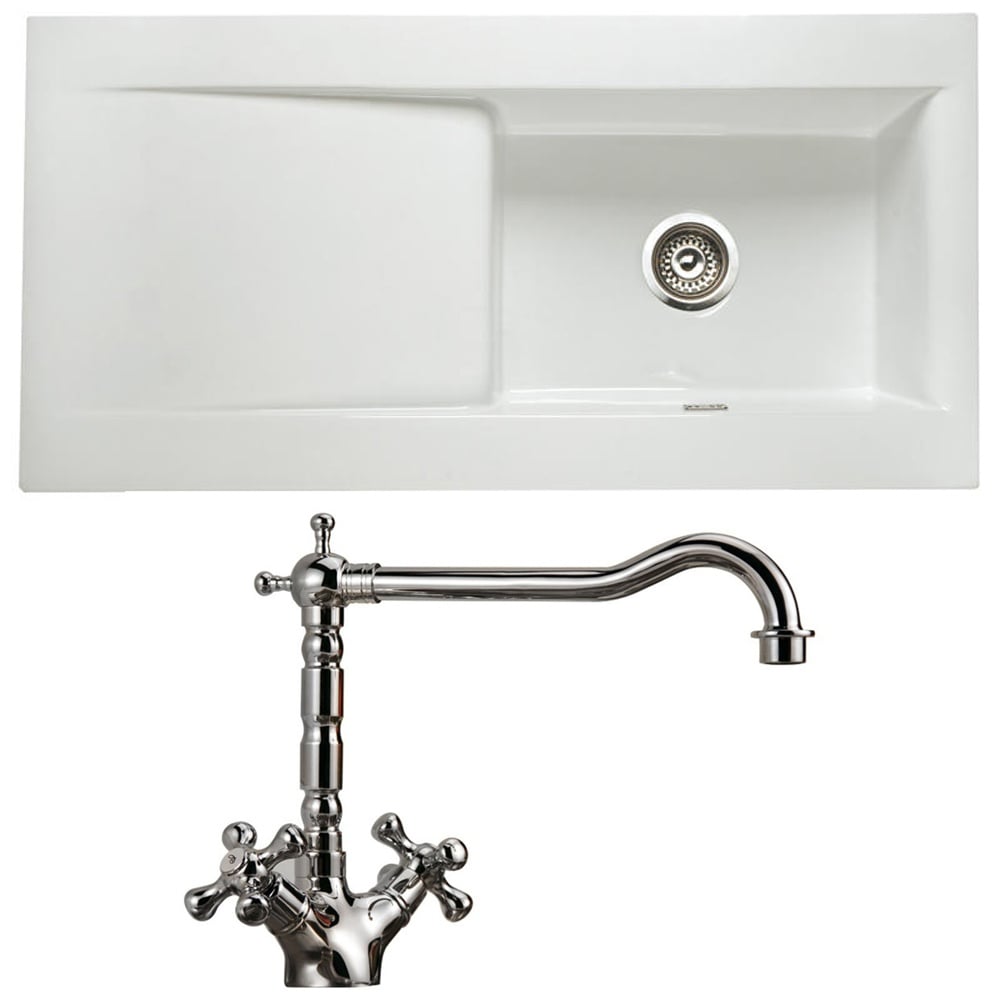 Astini Desire 100 1.0 Bowl Gloss White Ceramic Kitchen Sink, Waste & Traditional 25411CH Tap