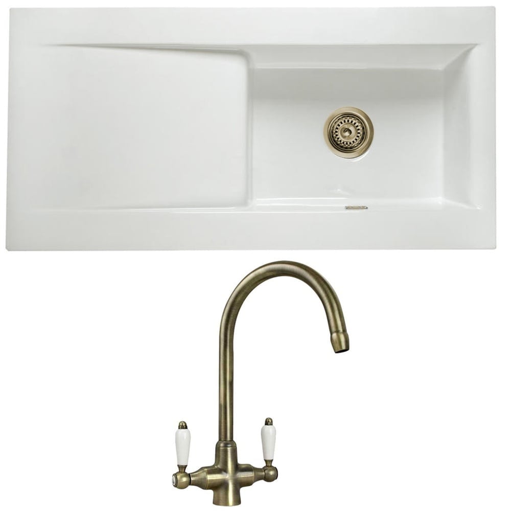 Astini Desire 100 1 Bowl White Ceramic Kitchen Sink with Waste & Colonial Tap