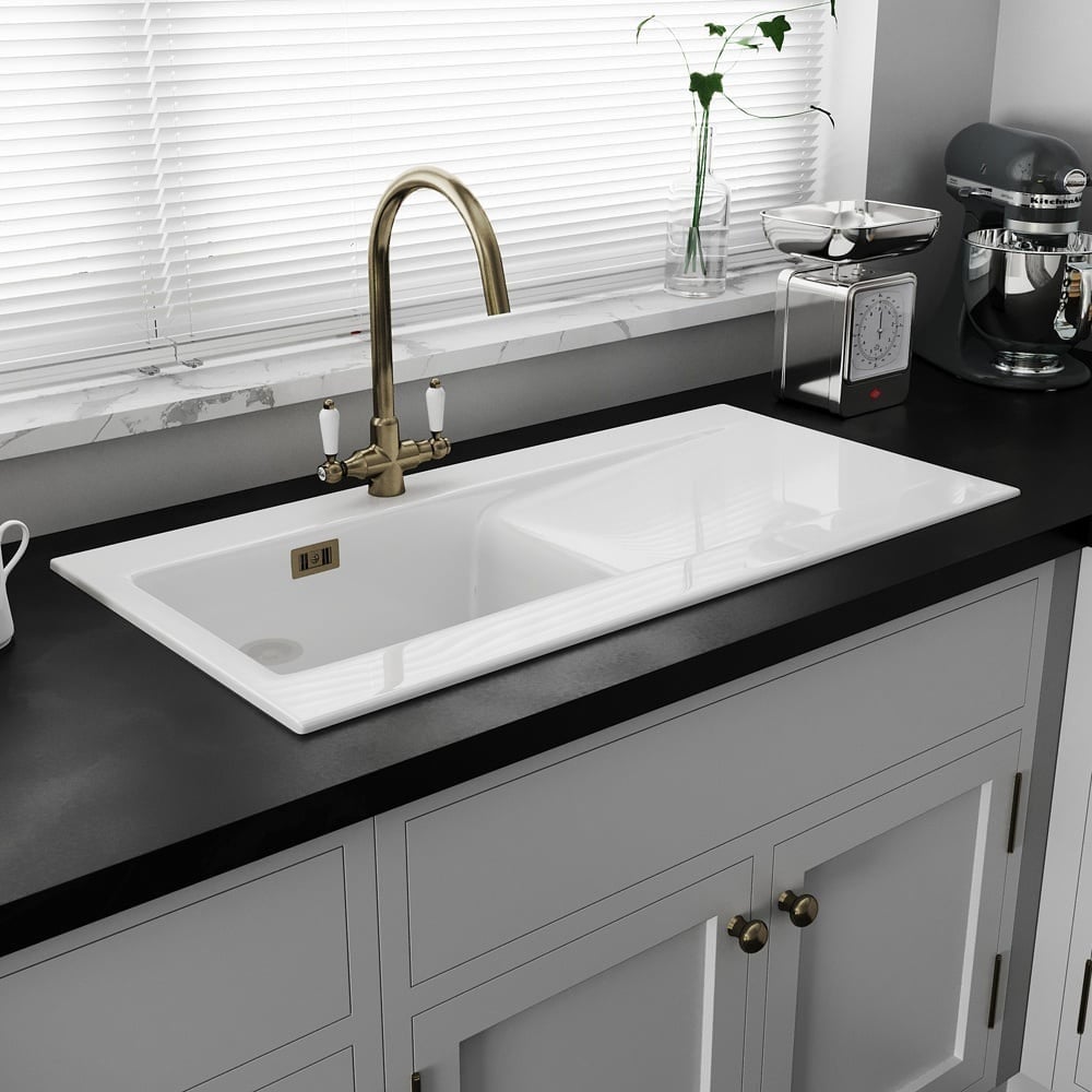 Astini Desire 100 1 Bowl White Ceramic Kitchen Sink with Waste & Colonial Tap