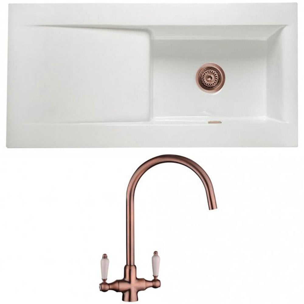 Astini Desire 100 1 Bowl White Ceramic Kitchen Sink with Waste & Colonial Tap