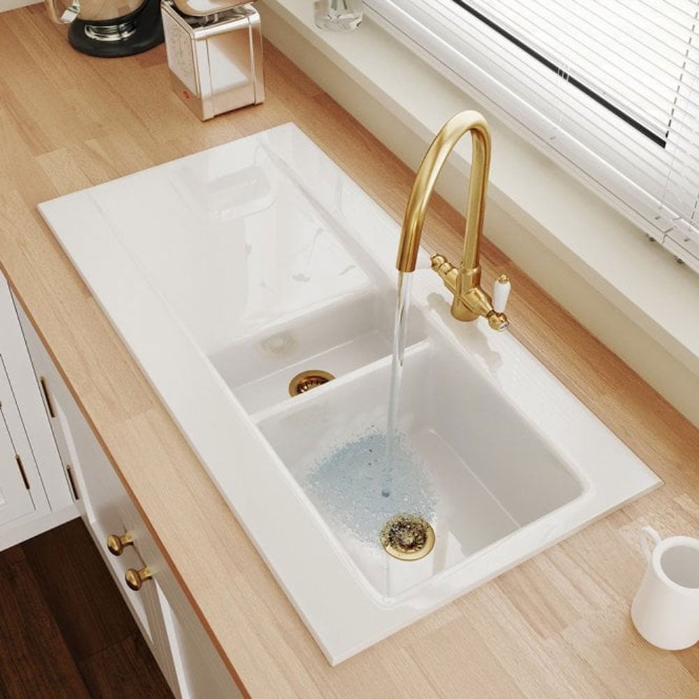 Astini Desire 1.5 Bowl White Ceramic Kitchen Sink with Waste and Colonial Tap