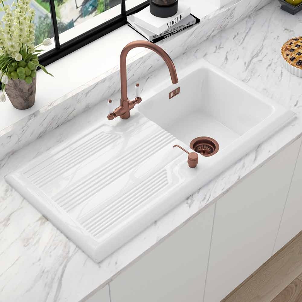 Astini Canterbury 100 1.0 Bowl Gloss White Ceramic Kitchen Sink with Waste Options