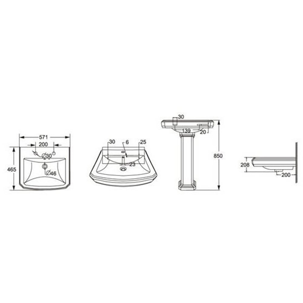 Astini Tenby Traditional Basin & Pedestal with 2 Tap Holes