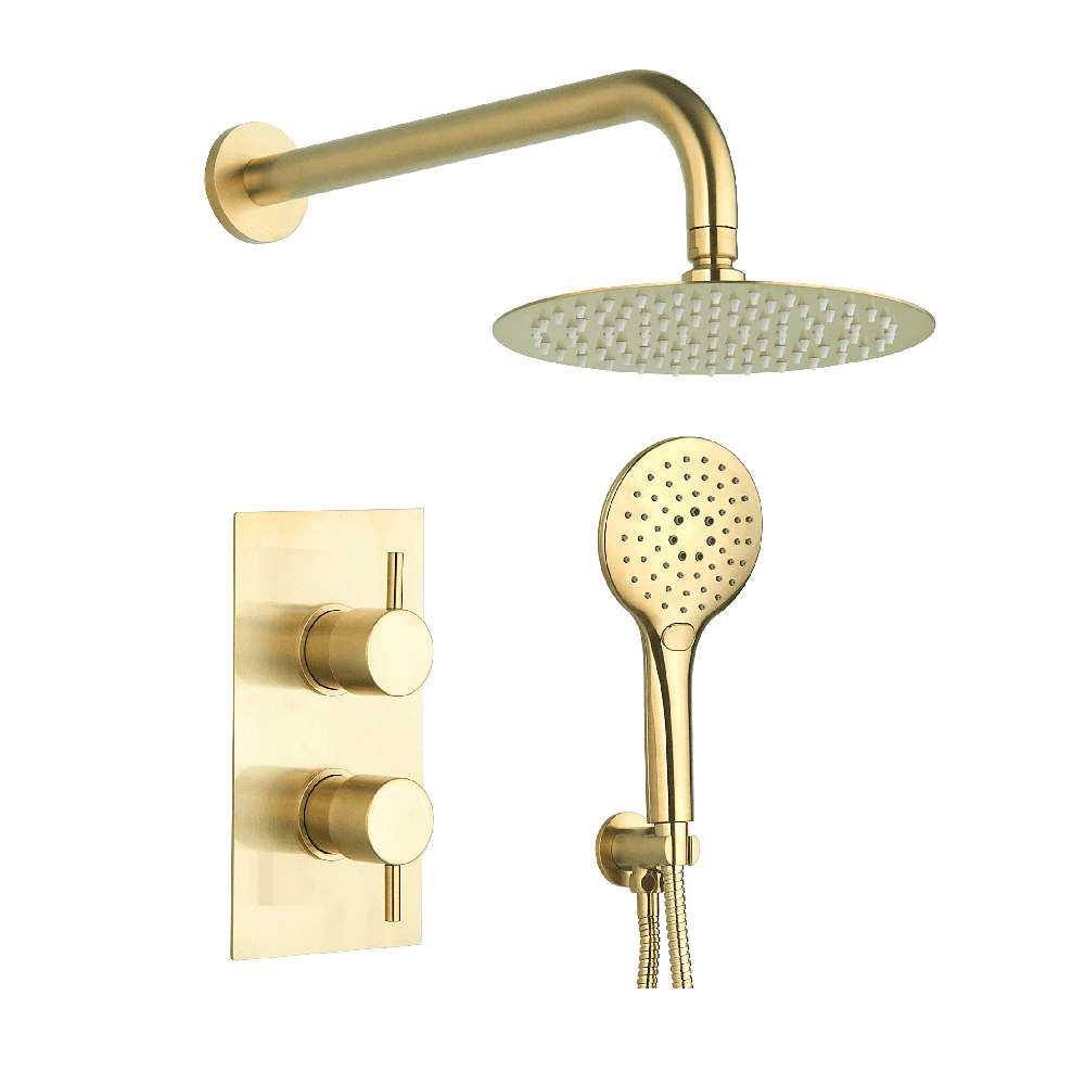 Astini Brushed Brass Round Concealed Thermostatic 2 Handle 2 Way Shower Valve Kit