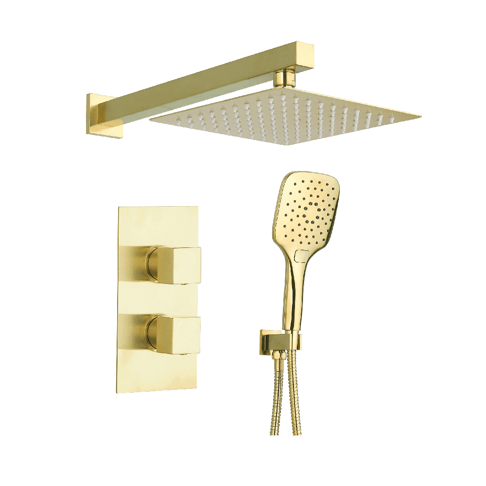 Astini Brushed Brass Square Concealed Thermostatic 2 Handle 2 Way Shower Valve Kit