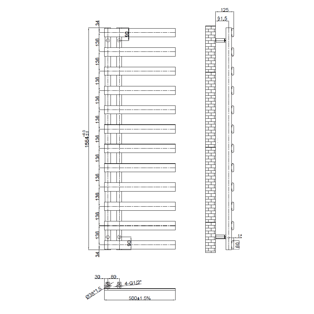 Astini Milton Brushed Brass 1564x500 Designer Offset Towel Radiator