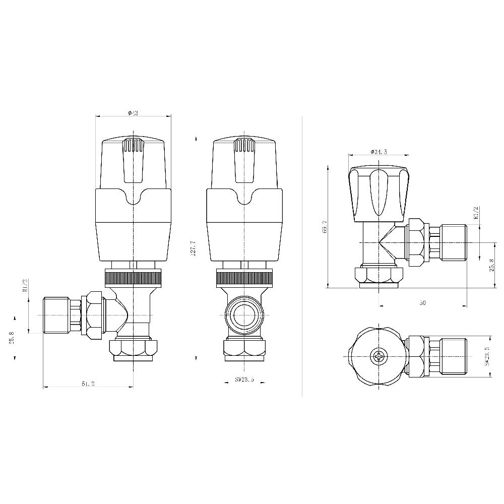 Astini Thermostatic Controlled Brushed Brass Angled Radiator Valves