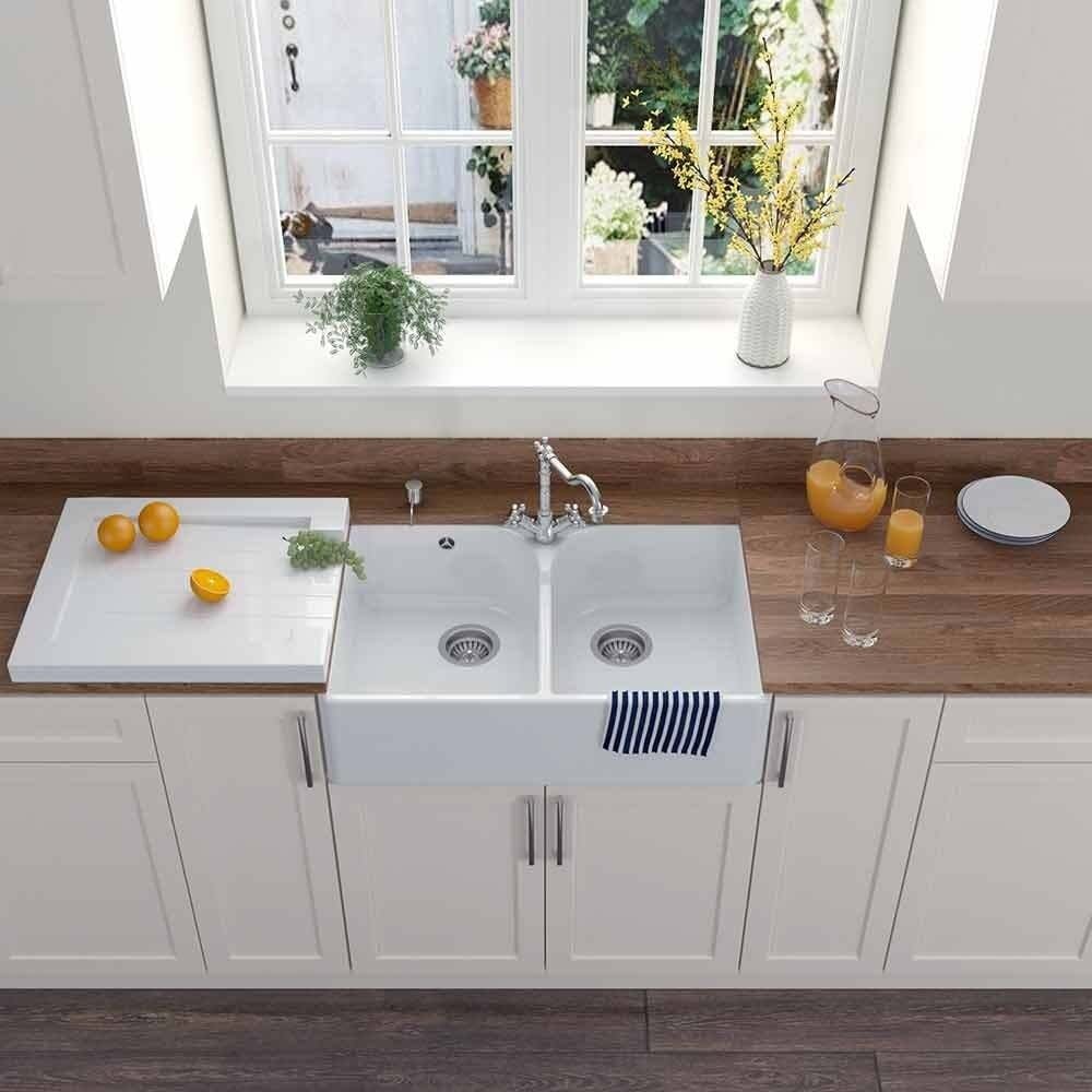 Astini Grooved Ceramic Gloss White Belfast Butler Kitchen Sink Worktop Drainer