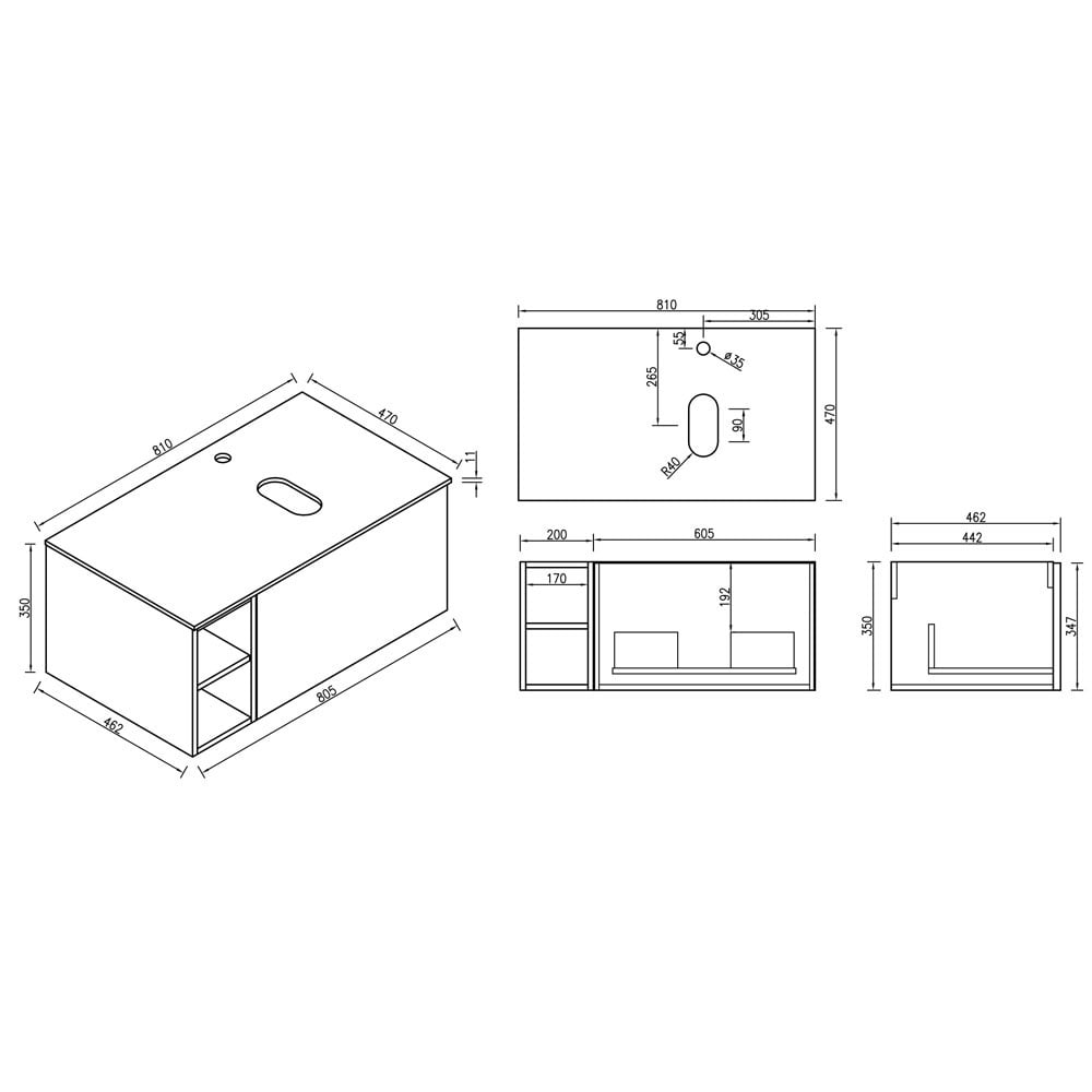 Astini Piatta 800mm Smoked Sage Wall Hung Right Hand Side Storage Vanity Unit With Counter Top