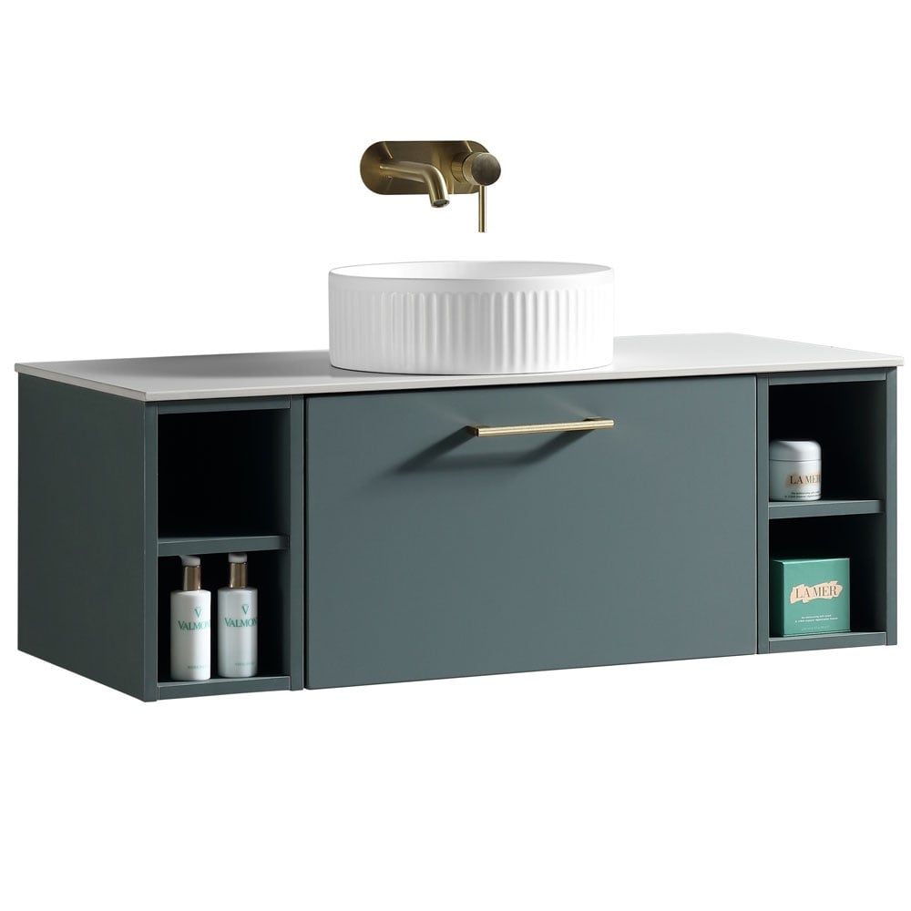 Astini Piatta 1000mm Smoked Sage Wall Hung 2 Side Storage Vanity Unit With Counter Top