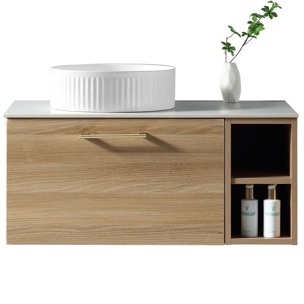 Astini Piatta 800mm Country Oak Wall Hung Vanity W/ LH Side Storage & Counter Top