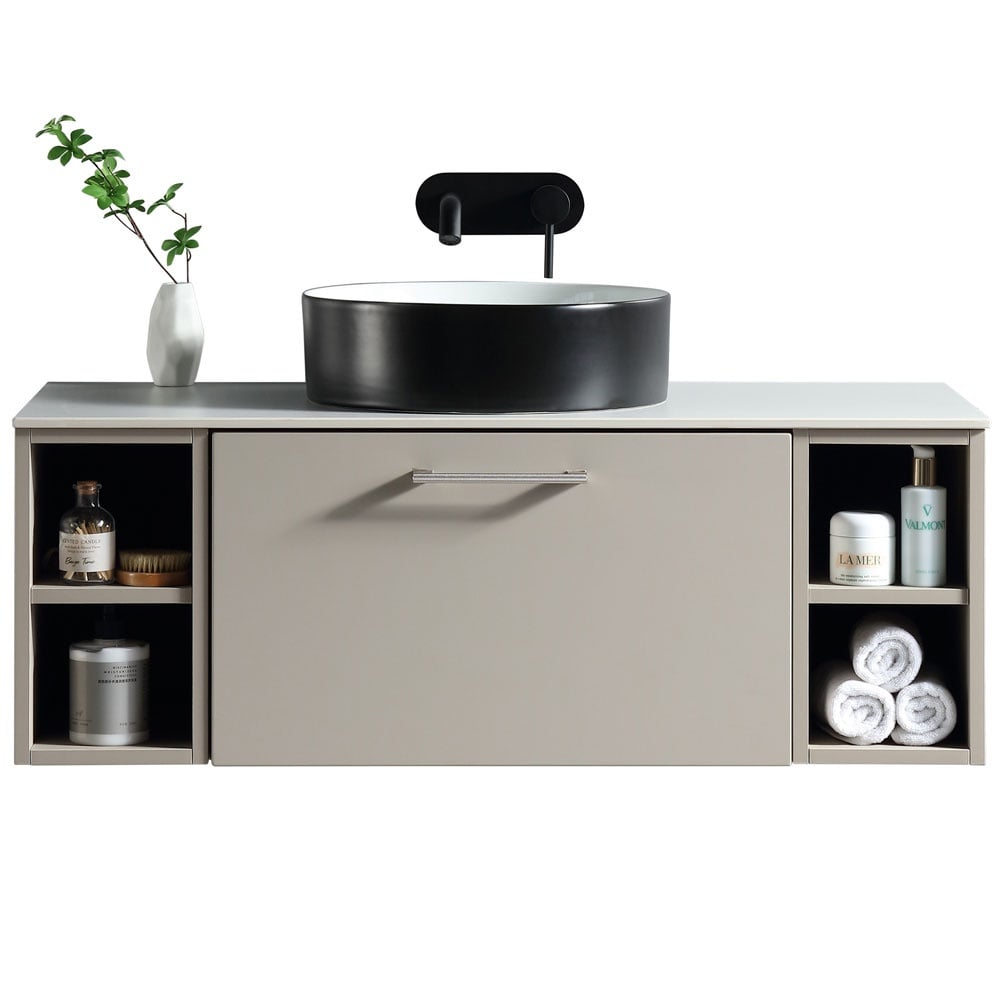 Astini Piatta 1000mm Soft Coffee Wall Hung 2 Side Storage Vanity Unit With Counter Top