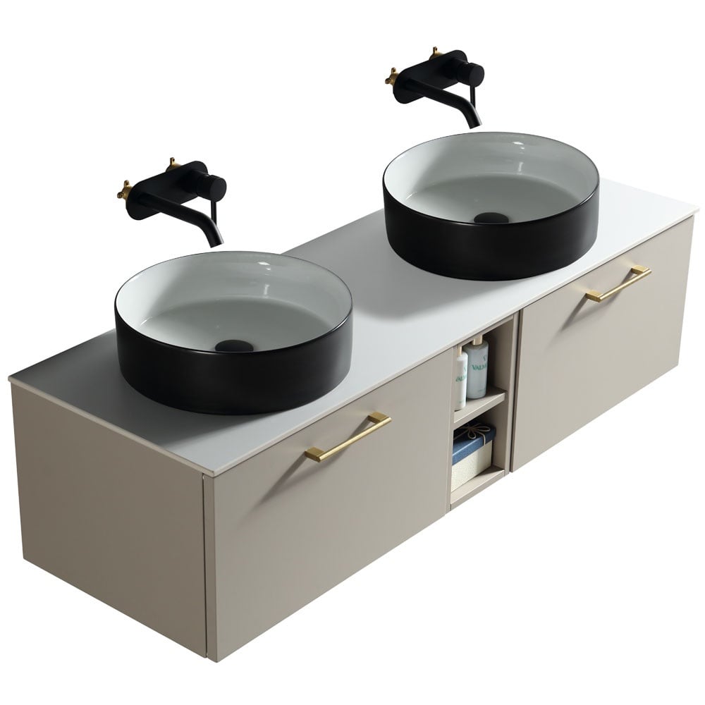 Astini Piatta 1400mm Soft Coffee Wall Hung Double Vanity W/ Storage Box & Counter Top