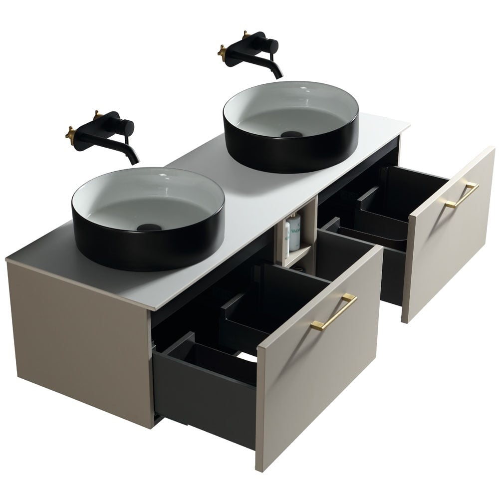 Astini Piatta 1400mm Soft Coffee Wall Hung Double Vanity W/ Storage Box & Counter Top