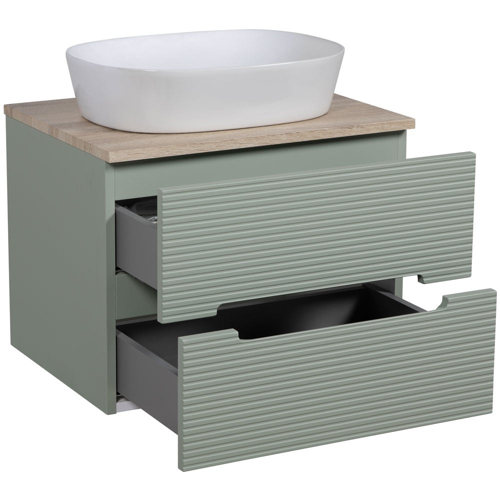 Astini Monza Plus 600mm Aloe Green/Contry Oak Fluted Wall Hung Vanity Unit With Counter Top