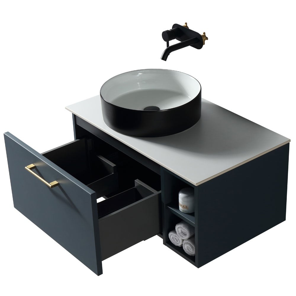 Astini Piatta 800mm Midnight Shadow Wall Hung Vanity W/ LH Side Storage & Counter Top