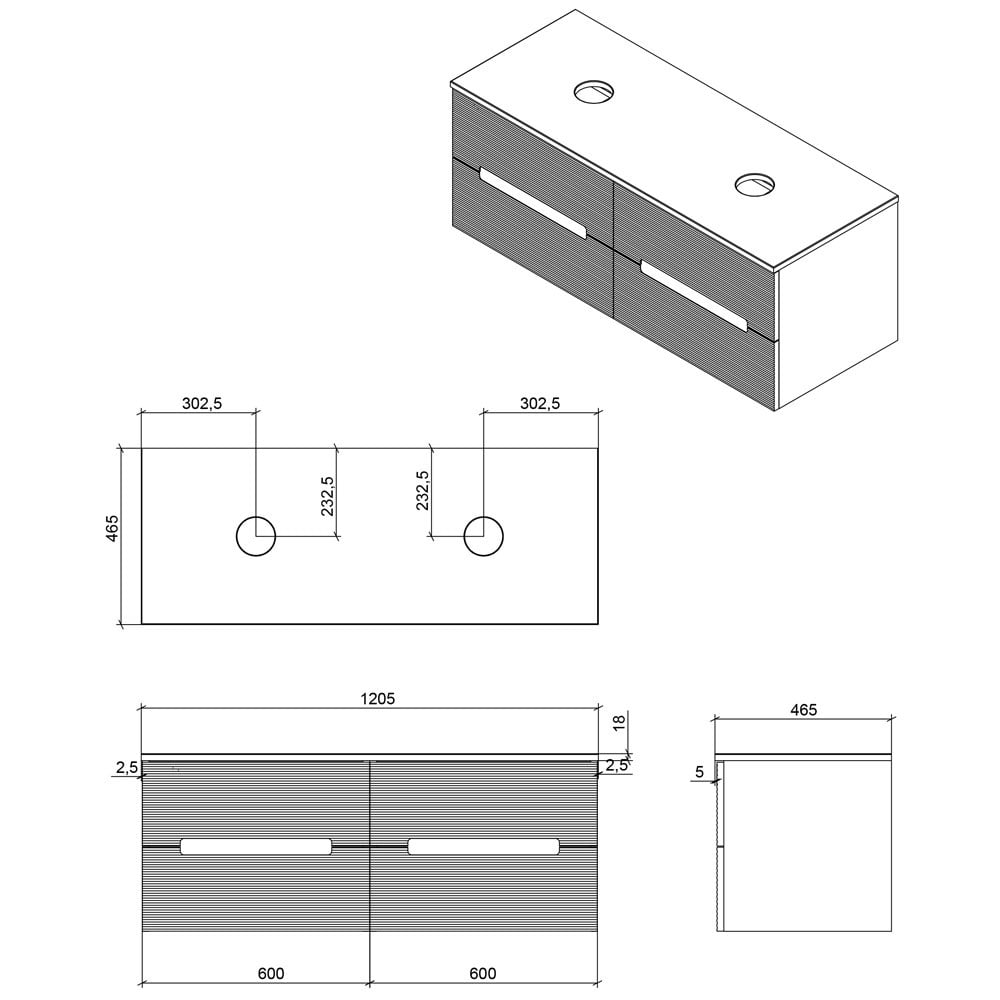 Astini Monza Plus 1200mm Aloe Green Fluted Wall Hung Double Vanity With Counter Top