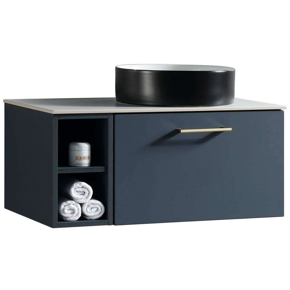 Astini Piatta 800mm Midnight Shadow Wall Hung Right Hand Side Storage Vanity Unit With Counter Top